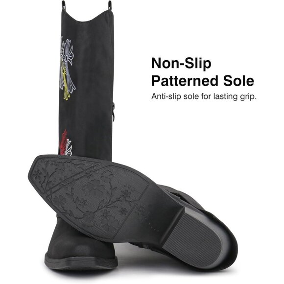 ⚡ Women Black Synthetic Cowgirl Chunky Heel Mid Calf Snip Toe Side Zip Boots - Picture 5 of 6